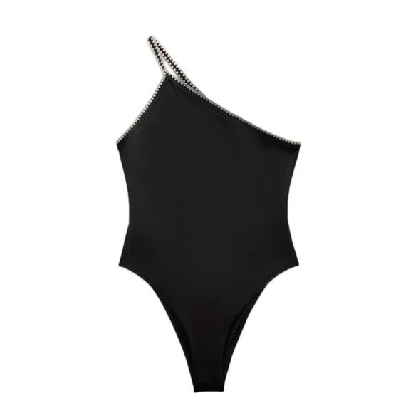 NWT Zara Embroidered Asymmetric One Piece Bathing Suit in Black - Picture 4 of 8